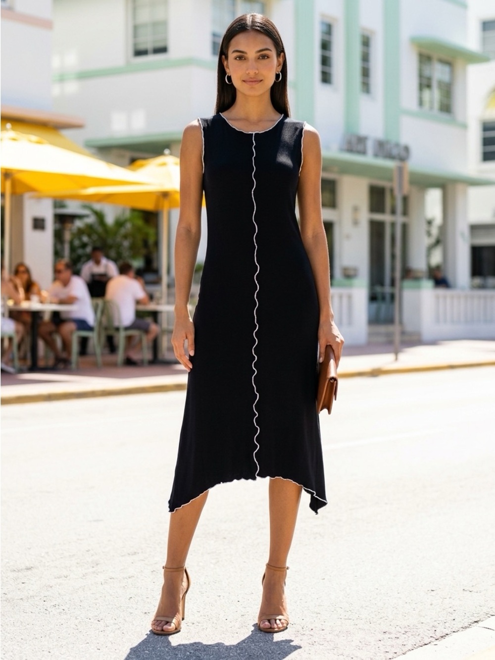 HEYDARI Fawbush Gaia black white wavy Coastal Resort Vacation Midi Maxi dress L